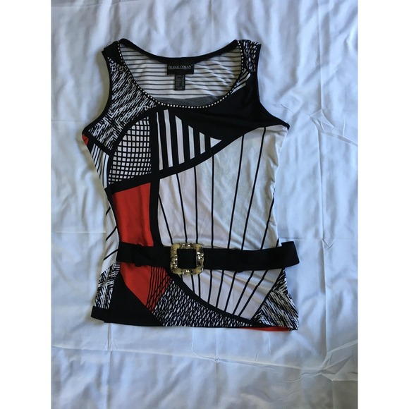 Frank Lyman Shirt Womens 6 Black‎ White Red Geometric Sleeveless Belted Tunic - Picture 6 of 13